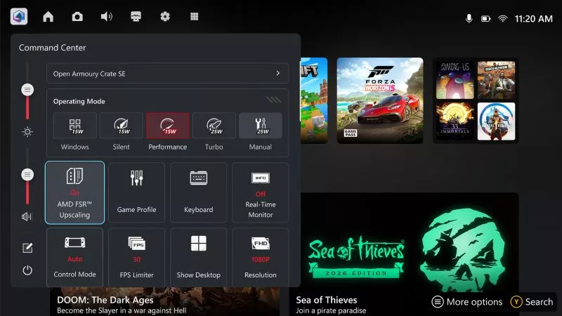 Меню Command Center на ROG Xbox Ally с включённой плиткой AMD FSR Upscaling