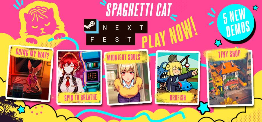 Баннер Spaghetti Cat с пятью играми для Steam Next Fest