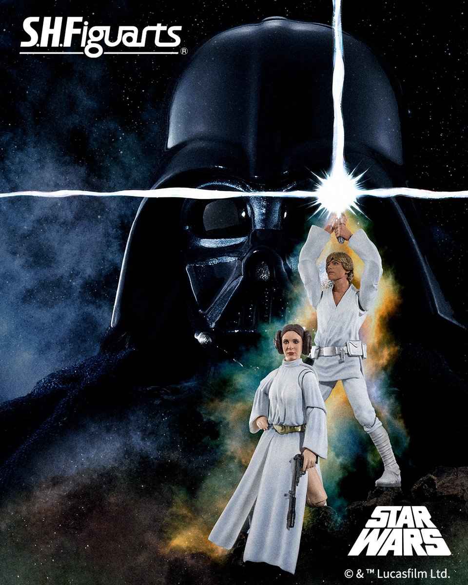 Промоизображение S.H.Figuarts Star Wars: Люк с поднятым световым мечом и Лея с бластером на фоне шлема Дарта Вейдера