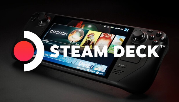 Чёрный Steam Deck OLED с открытой библиотекой игр и белым логотипом Steam Deck