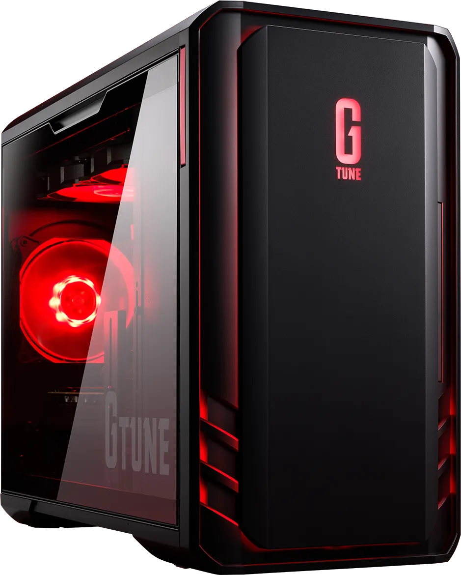 Чёрный корпус игрового ПК G TUNE с прозрачной боковой панелью и красной подсветкой вентиляторов