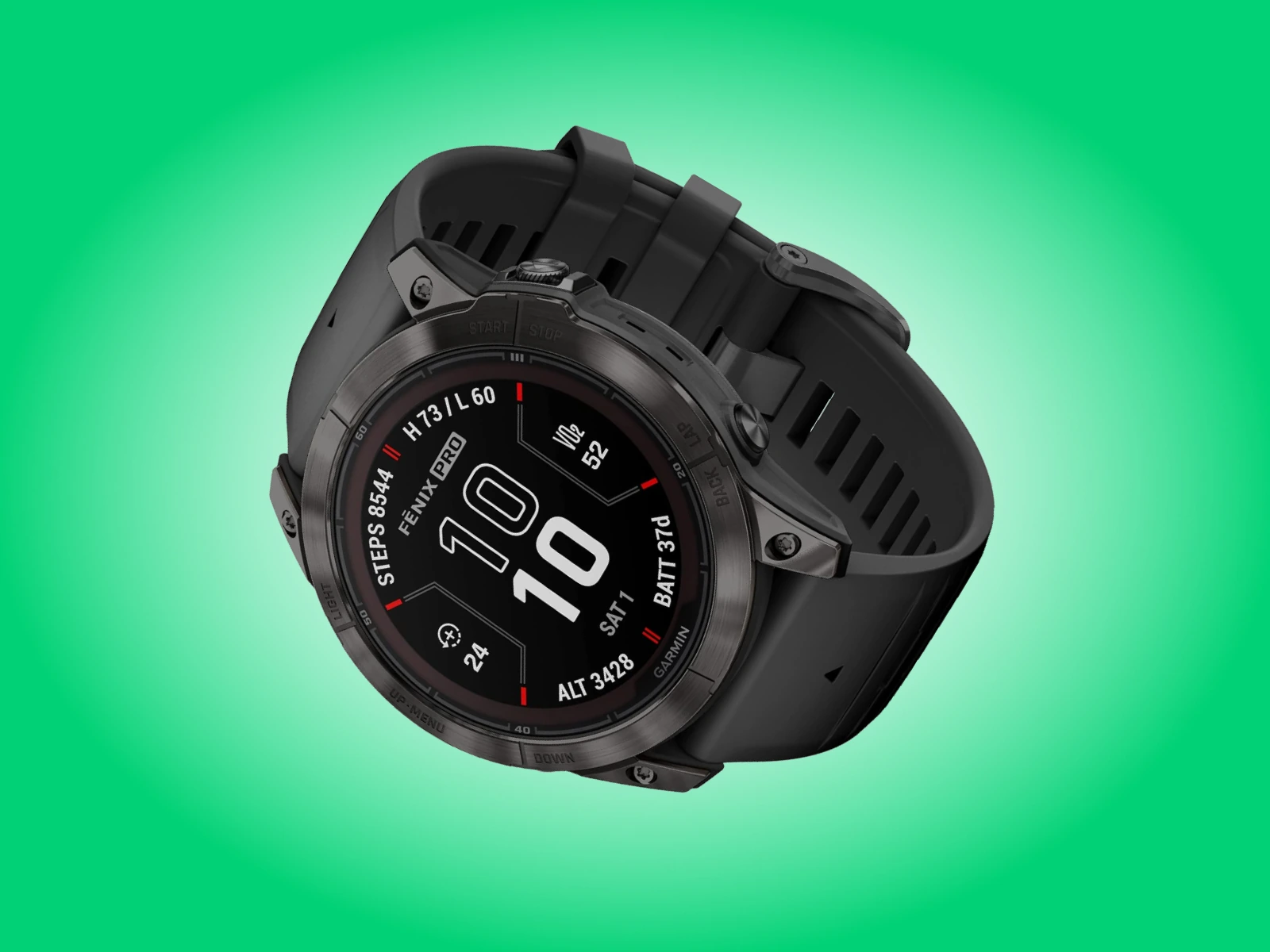 Умные часы Garmin Fenix 7X Pro с чёрным ремешком на зелёном фоне