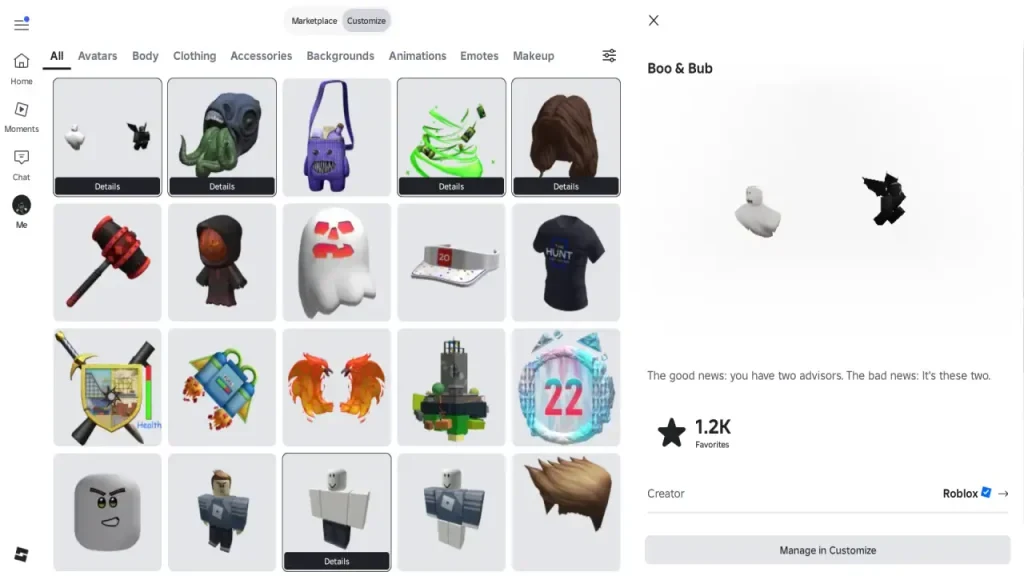 Плечевой аксессуар Boo & Bub в каталоге Roblox