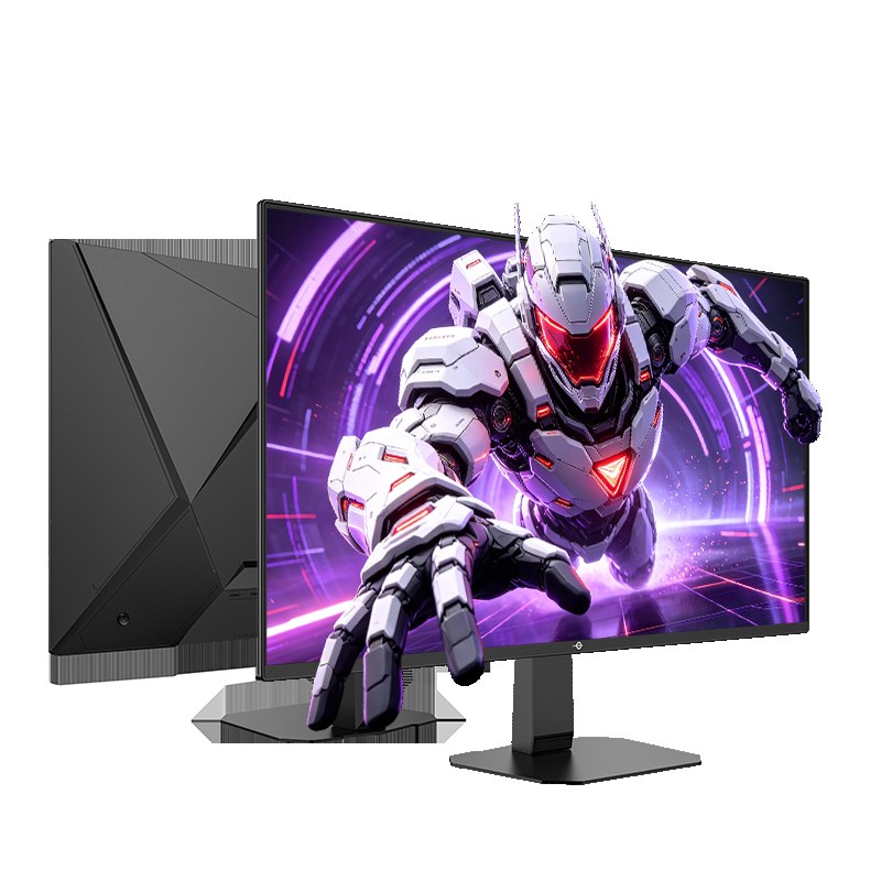 Монитор Titan Army G2783S спереди с изображением робота и сзади на официальном рендере