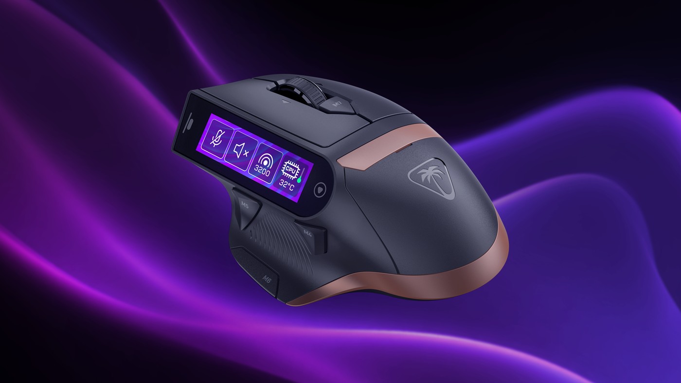 Чёрная мышь Turtle Beach MC7 с бронзовыми вставками и цветным сенсорным экраном сбоку на фиолетовом фоне