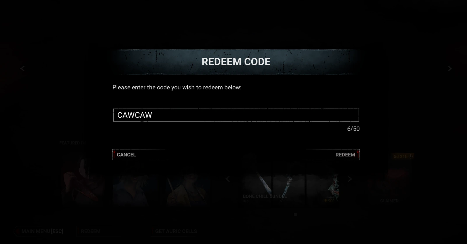 Окно Redeem Code в Dead by Daylight с примером CAWCAW
