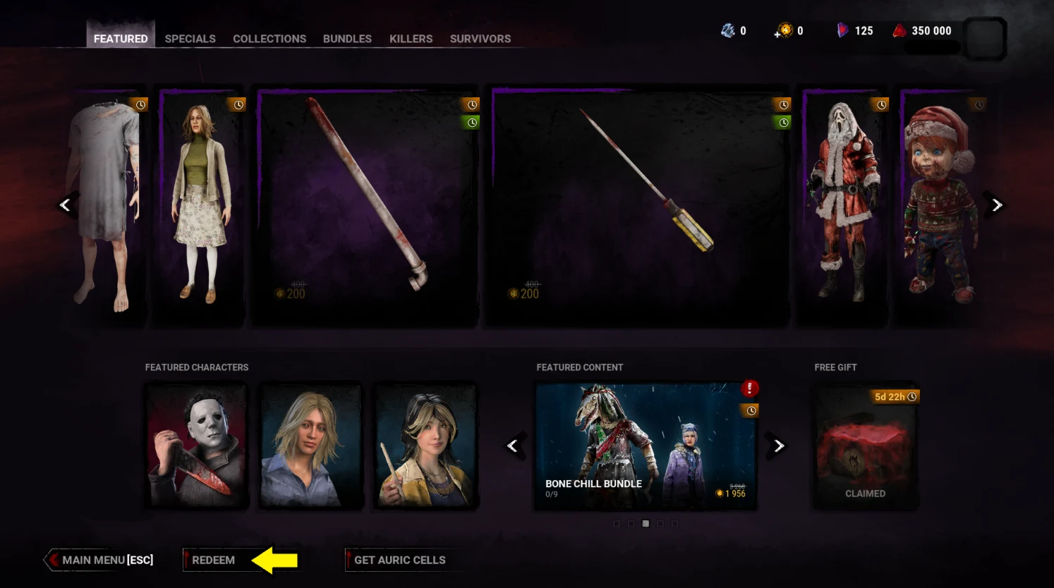 Вкладка Featured магазина Dead by Daylight и кнопка Redeem внизу слева