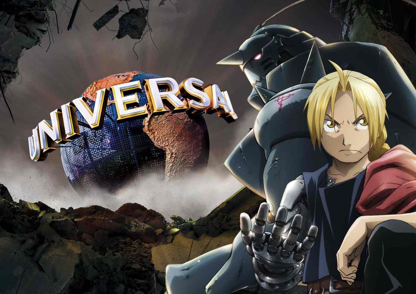 Эдвард и Альфонс Элрики рядом с глобусом Universal на иллюстрации коллаборации USJ