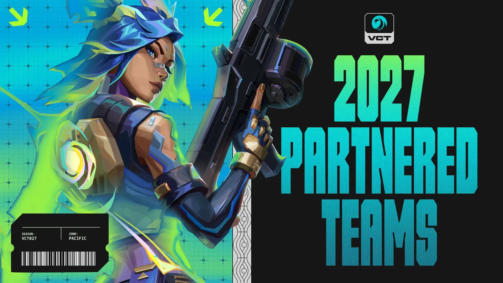Промоизображение VCT Pacific с персонажем VALORANT и надписью «2027 Partnered Teams»