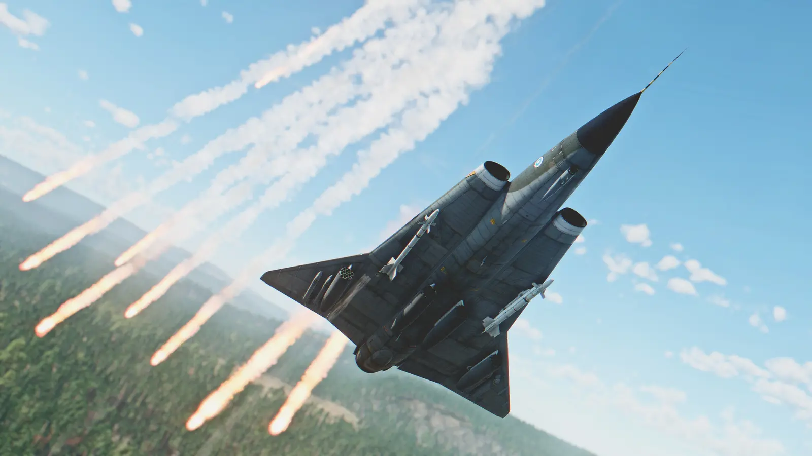 Истребитель выпускает несколько ярких тепловых ловушек в War Thunder