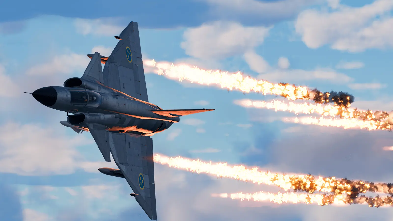 Самолёт AJ37 выпускает тепловые ловушки в War Thunder