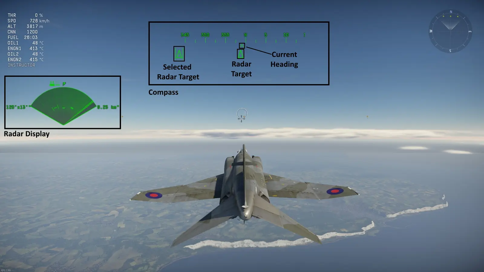 Поисковая отметка и интерфейс бортового радара в War Thunder