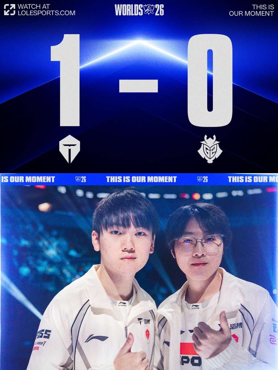 Карточка Worlds 2026 со счётом 1:0 между Top Esports и G2 и фотографией двух игроков TES в белой форме