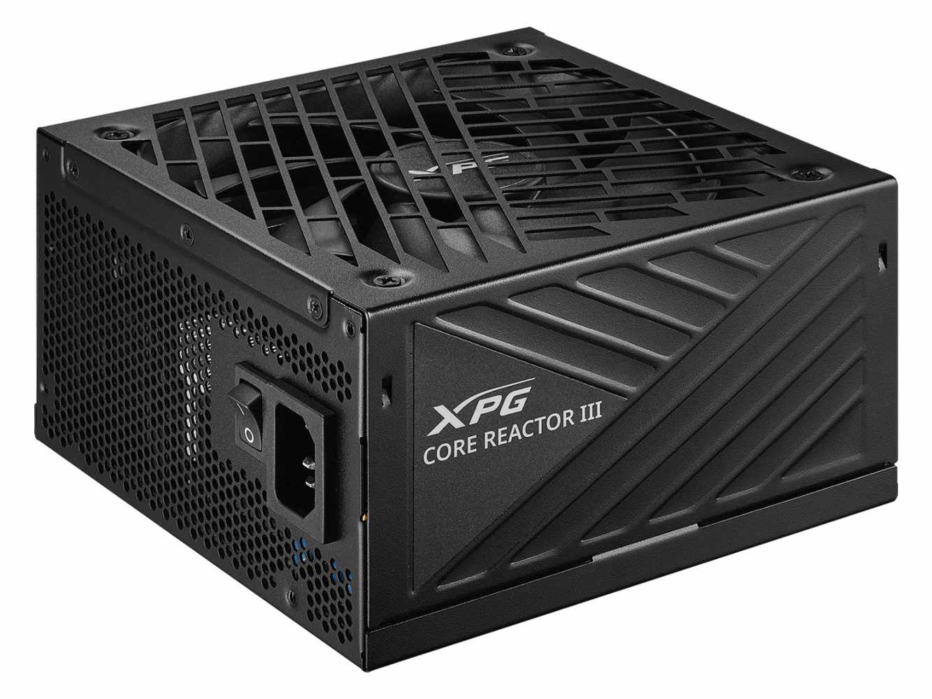 Чёрный блок питания XPG CORE REACTOR III с решёткой вентилятора и сетевым выключателем